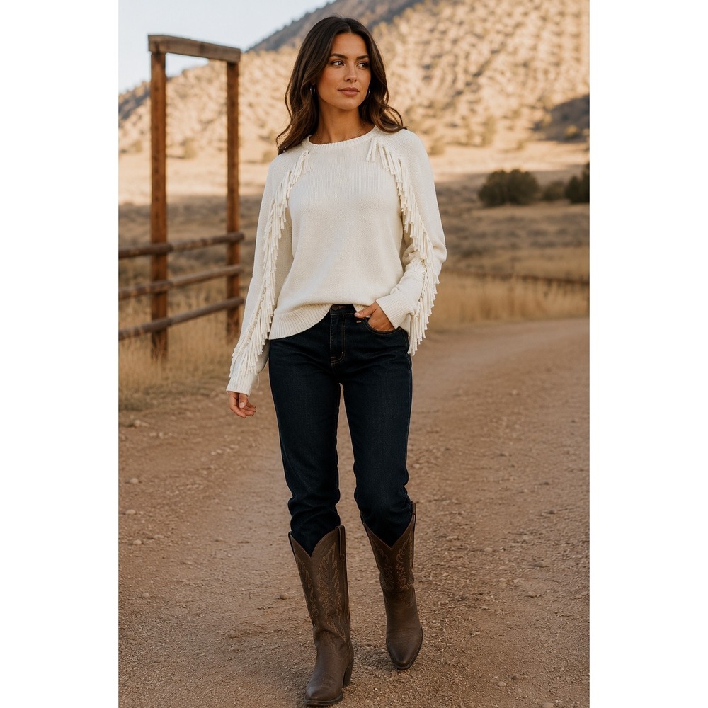 Western Fringe Cowgirl Chic Sweater Size S/M Lauren Ralph Lauren Ivory Brygida